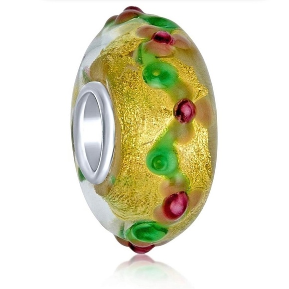 Bling Jewelry Gold Pink Flower 3D Lamp Murano Glass Sterling Silver Bead… - Picture 1 of 10
